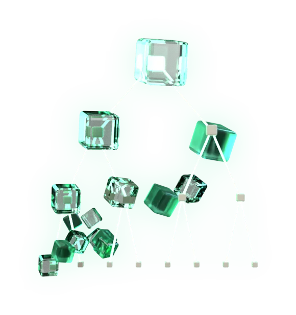Clear blocks linked into a tree, one root on top