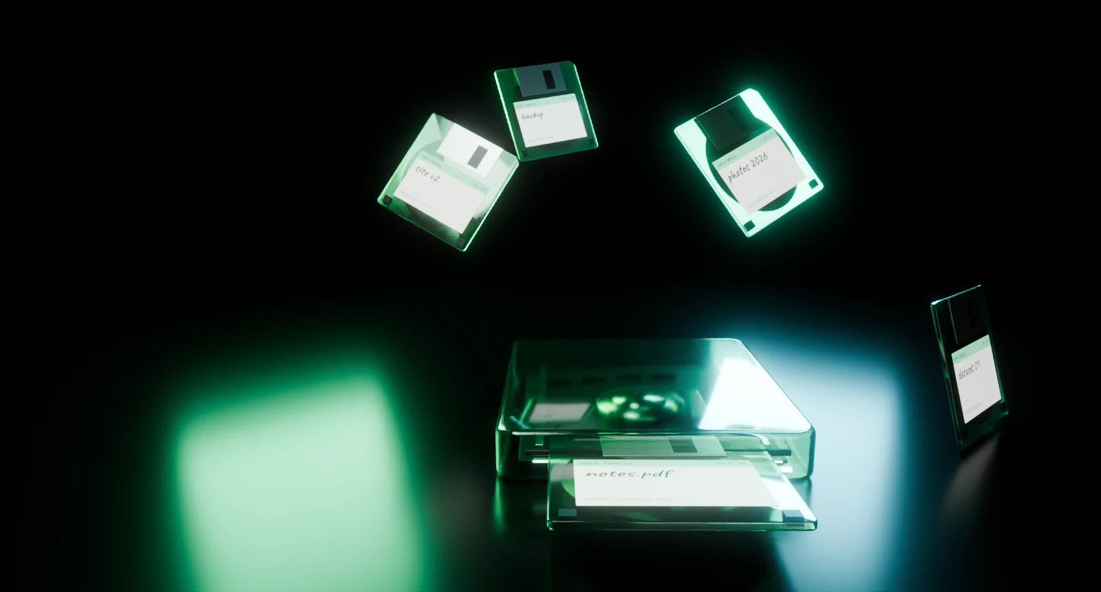 A clear mint floppy disk sliding into a clear drive